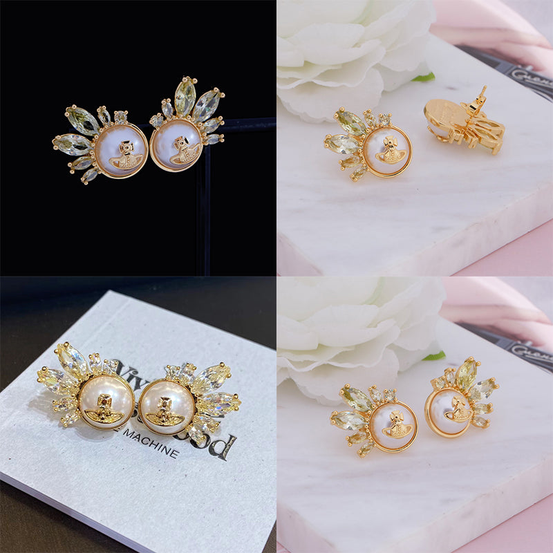 2D Pearl Orb Pendant Hanging Crystal Shards Design Stud Earrings (3 Colors)