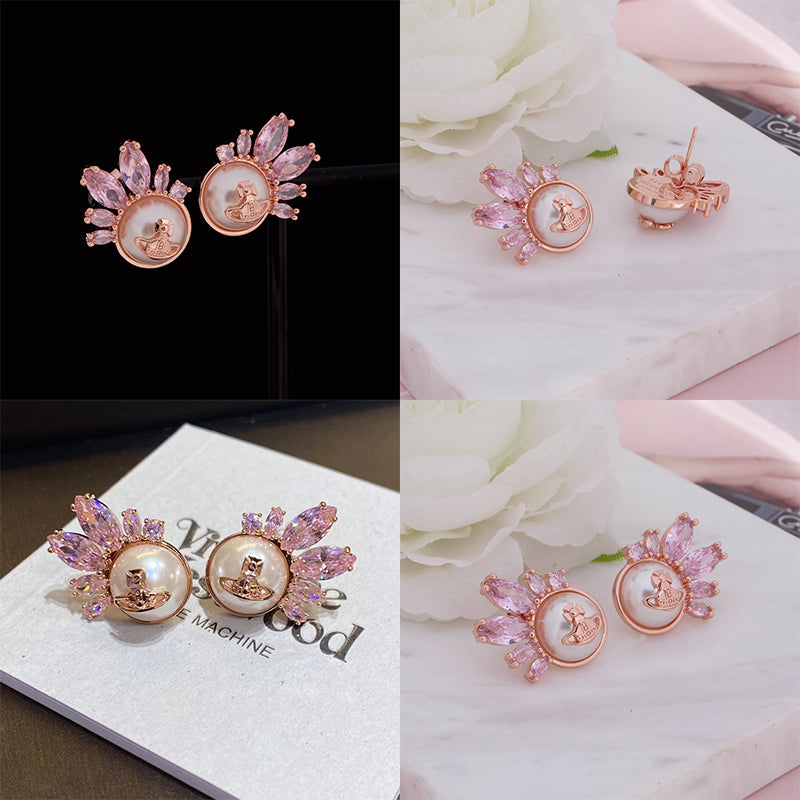 2D Pearl Orb Pendant Hanging Crystal Shards Design Stud Earrings (3 Colors)