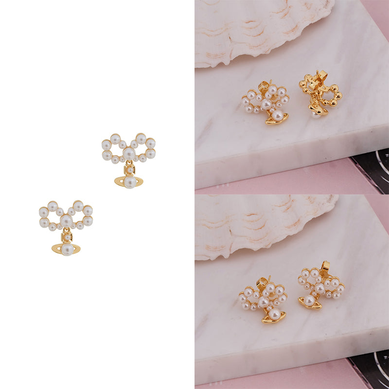 Mini Pearl Orb Pendant Hanging Pearl Ribbon Gold & Silver Stud Earrings (2 Colors)