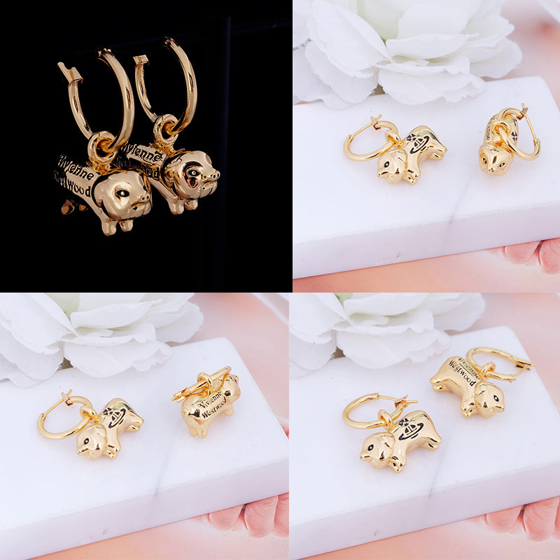Mini Orb Engraved Pig Animal Gold & Silver Hooped Earrings (2 Colors)