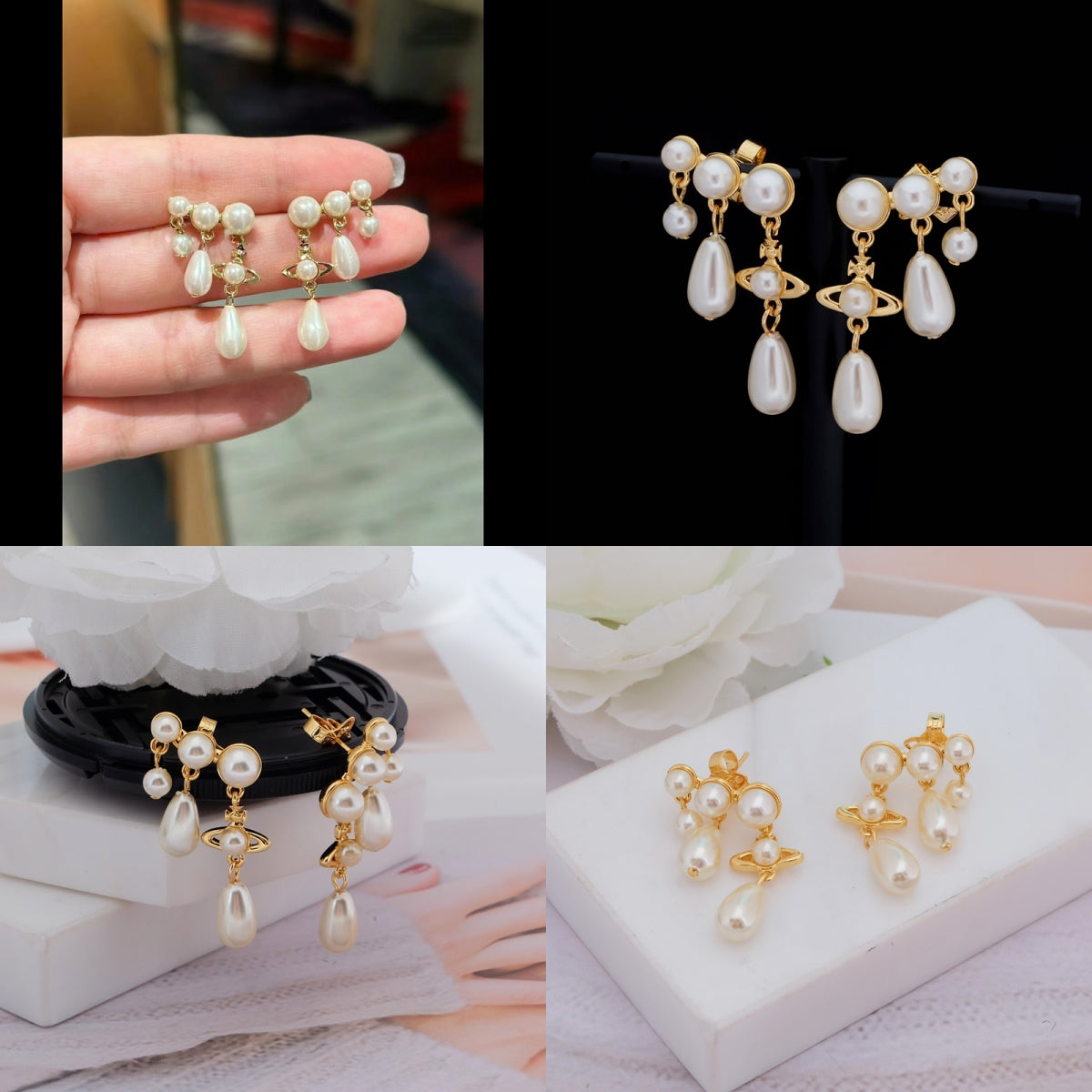 Mini Pearl Orb Hanging Tear Drop Pendant Gold & Silver Stud Earrings (2 Colors)