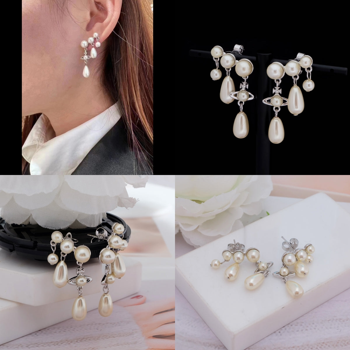 Mini Pearl Orb Hanging Tear Drop Pendant Gold & Silver Stud Earrings (2 Colors)