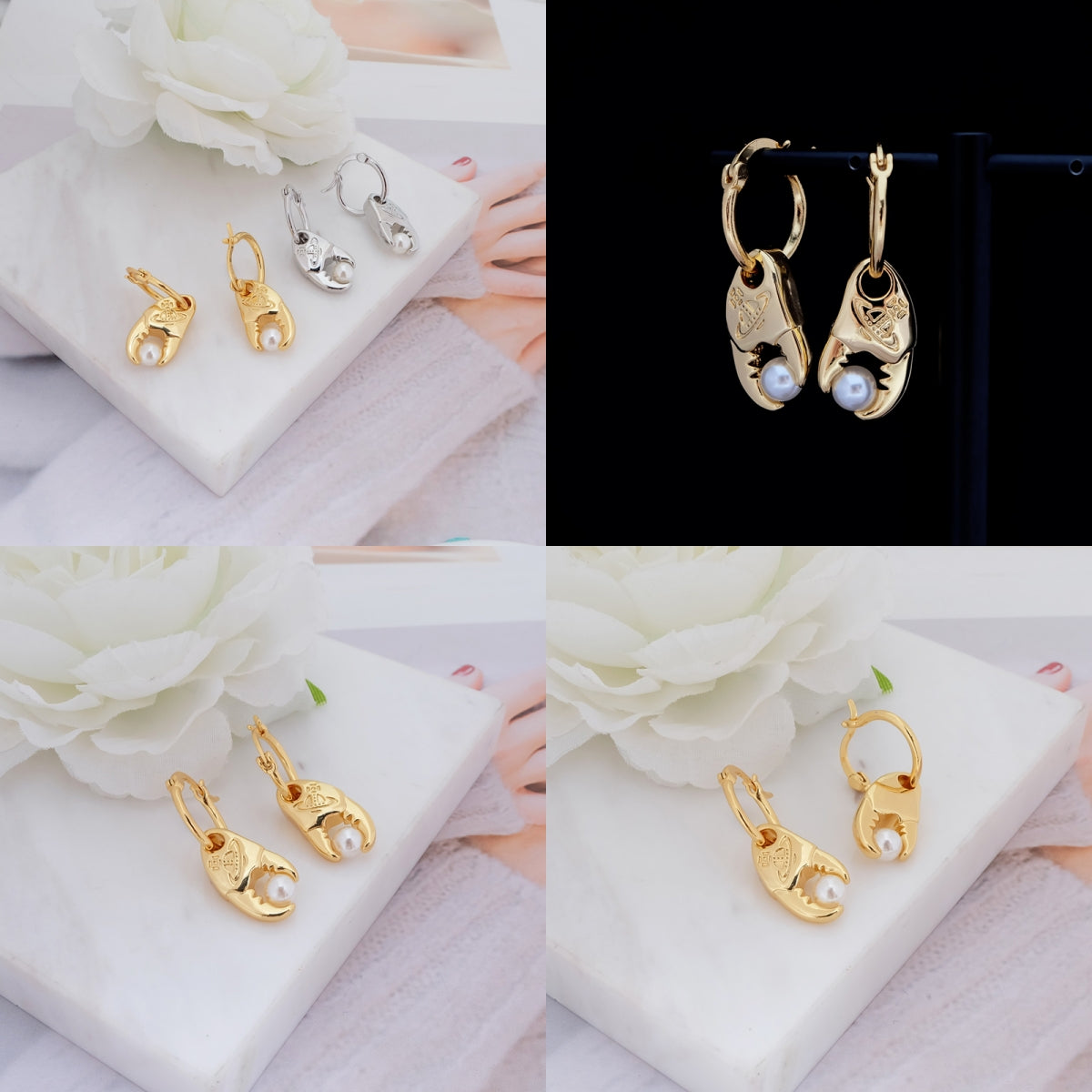 Crab Claw Pendant Holding Pearl Design Gold & Silver Hooped Earrings (2 Colors)