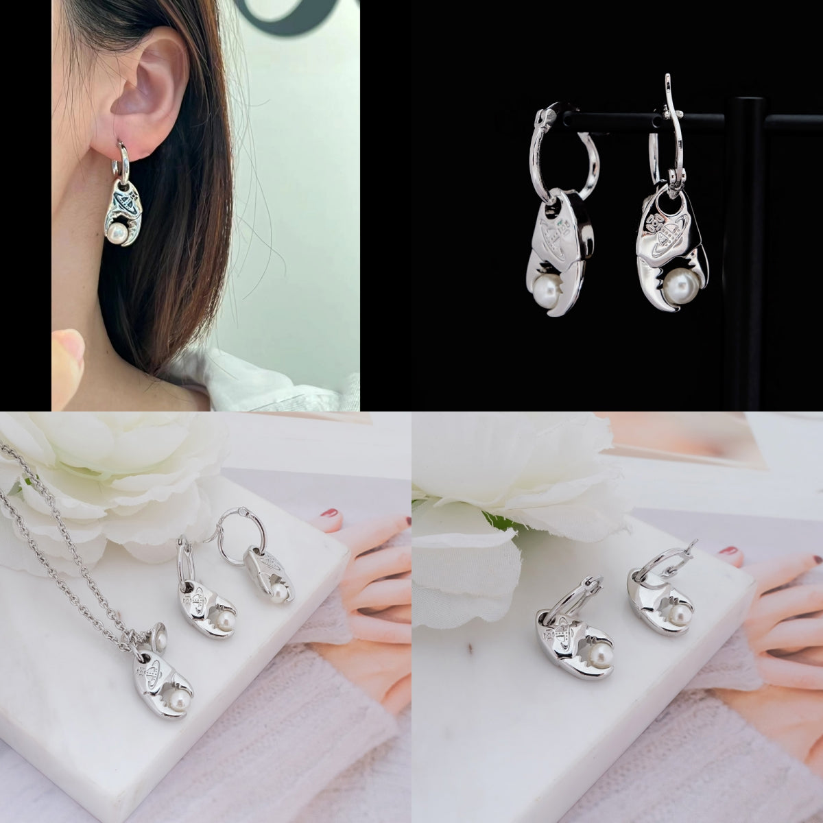 Crab Claw Pendant Holding Pearl Design Gold & Silver Hooped Earrings (2 Colors)