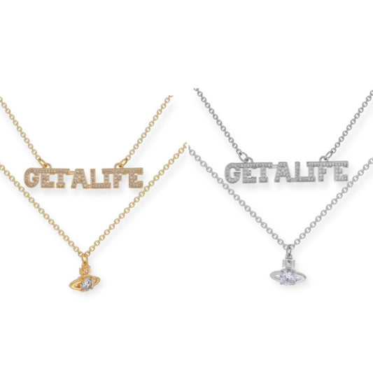 Double Chain Gem Studded "GET A LIFE" Pendant & Mini Orb Pendant Gold & Silver (2 Colors)