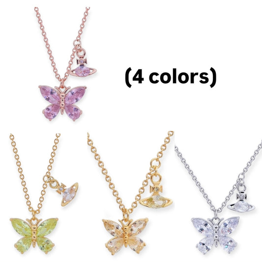 Butterfly Gemstone Orb Pendant Necklace (4 Colors)