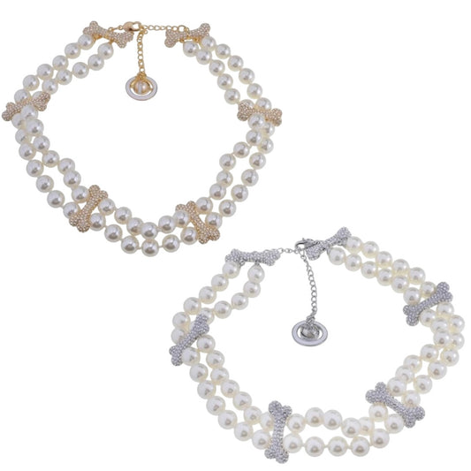 Double Layer Pearl Gem Studded Multi Bones Orb Clasp Choker Necklace Gold & Silver (2 Color)