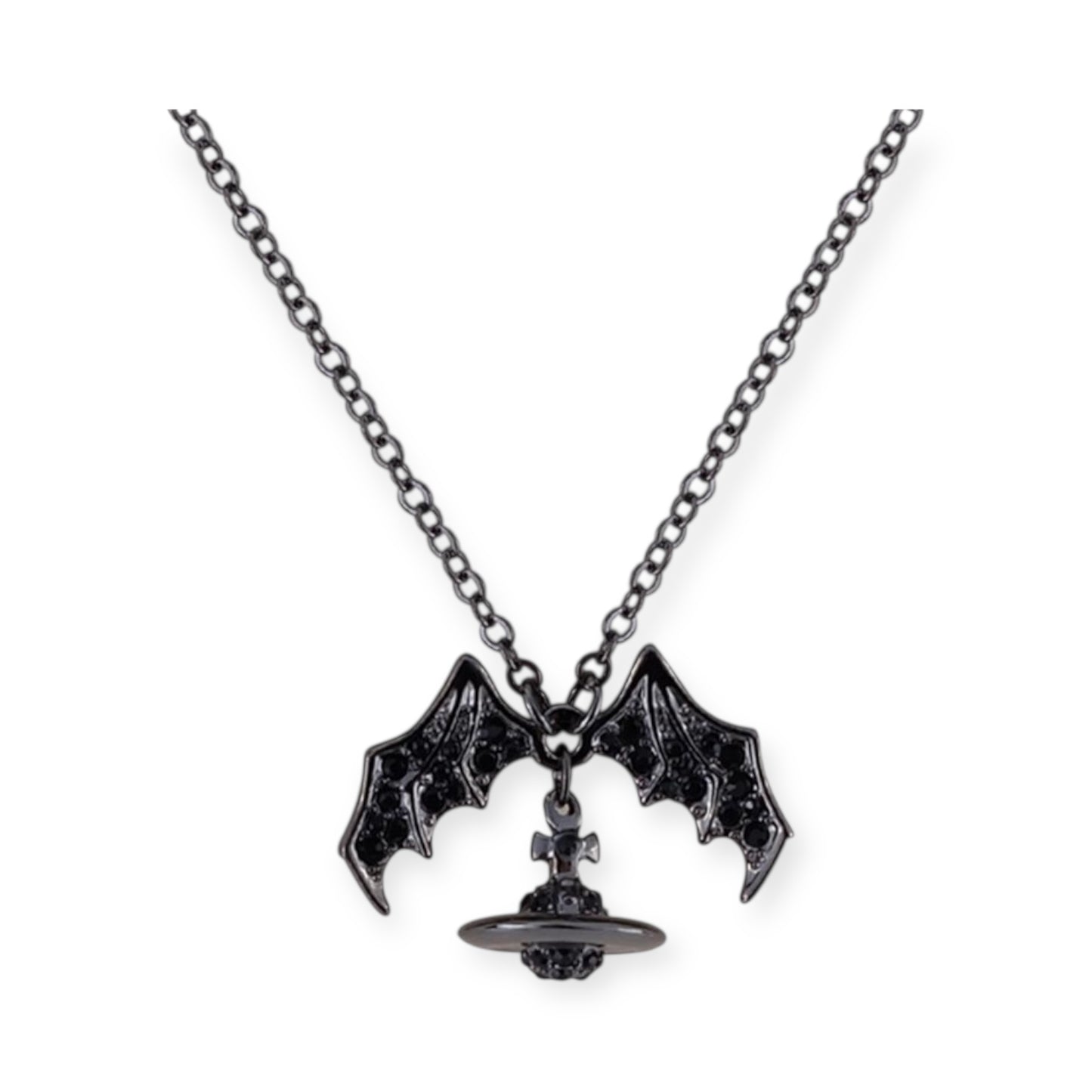 Bat Wings Gothic Dark Silver Orb Pendant Necklace