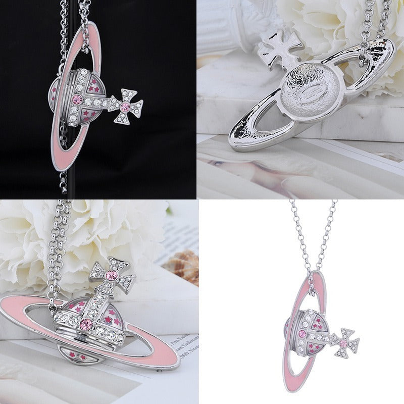 Sideways Hanging Colorful Orb Saturn Necklace (3 colors)