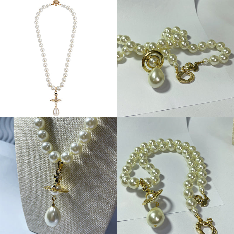 Beaded Tear Drop Pearl Orb Pendant Necklace Gold & Silver (2 colors)