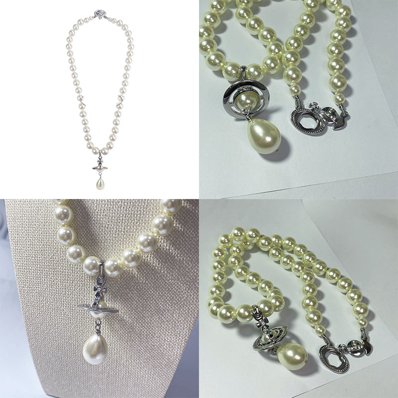 Beaded Tear Drop Pearl Orb Pendant Necklace Gold & Silver (2 colors)