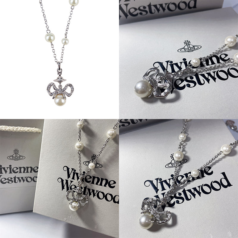 Multi Pearl Silver Chain Bow Pendant Necklace