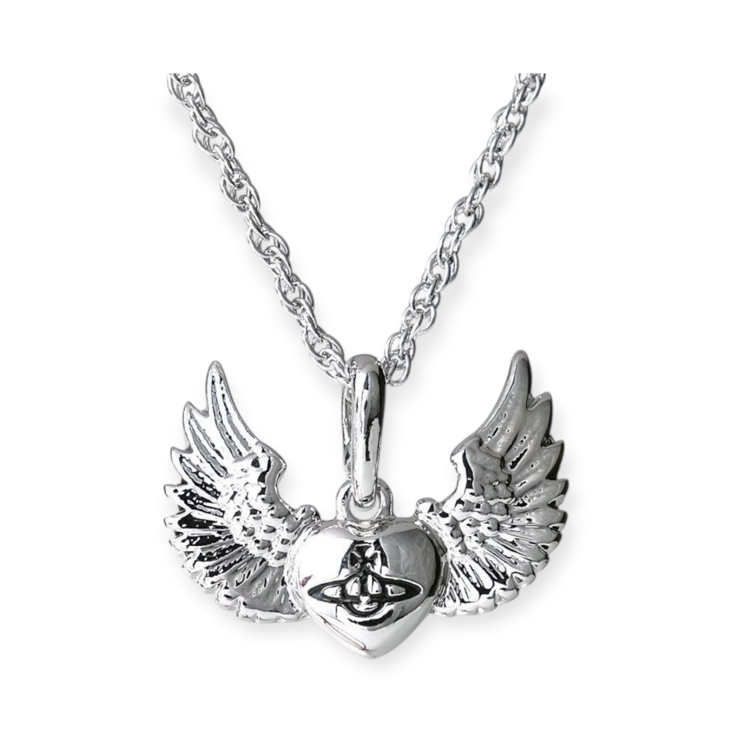 Silver Engraved Heart Shape Wings Pendant Necklace