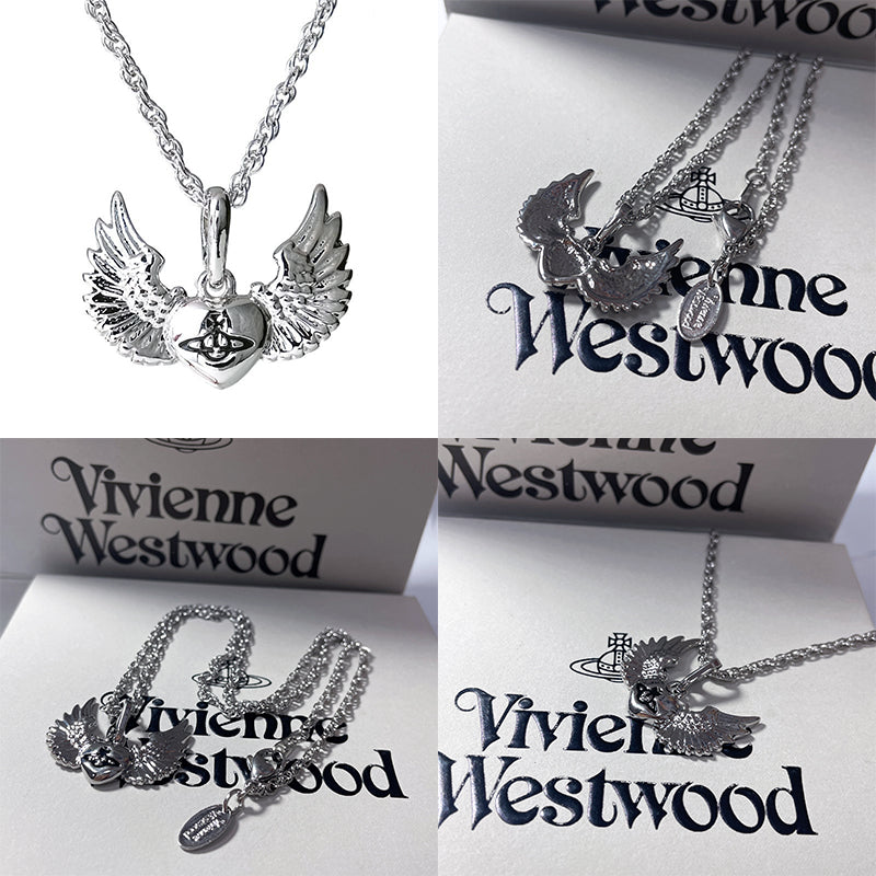 Silver Engraved Heart Shape Wings Pendant Necklace