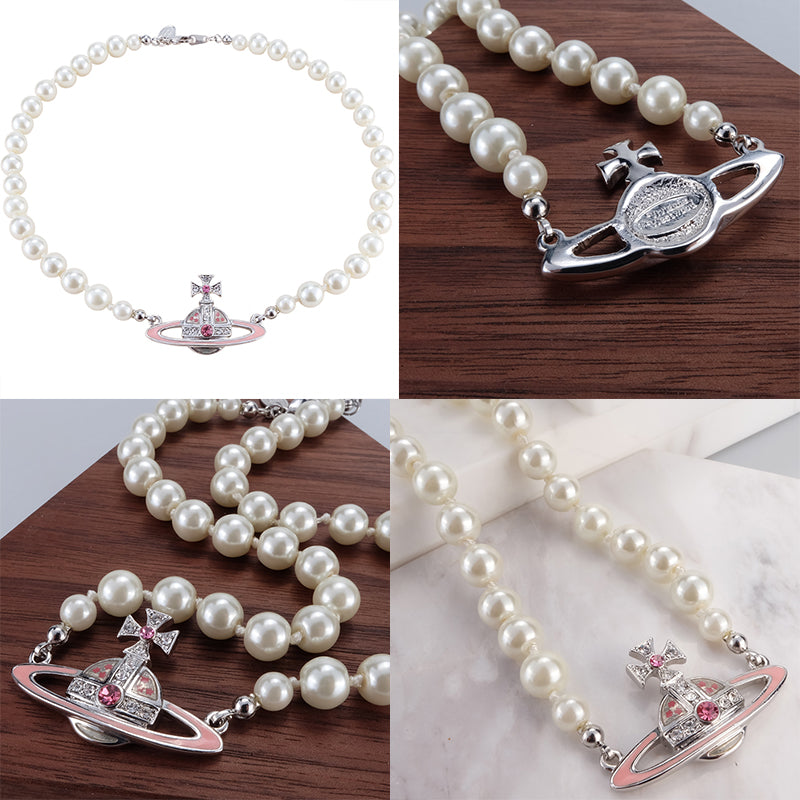 Pearl Beaded Pink & Silver Star Studded Pendant Necklace