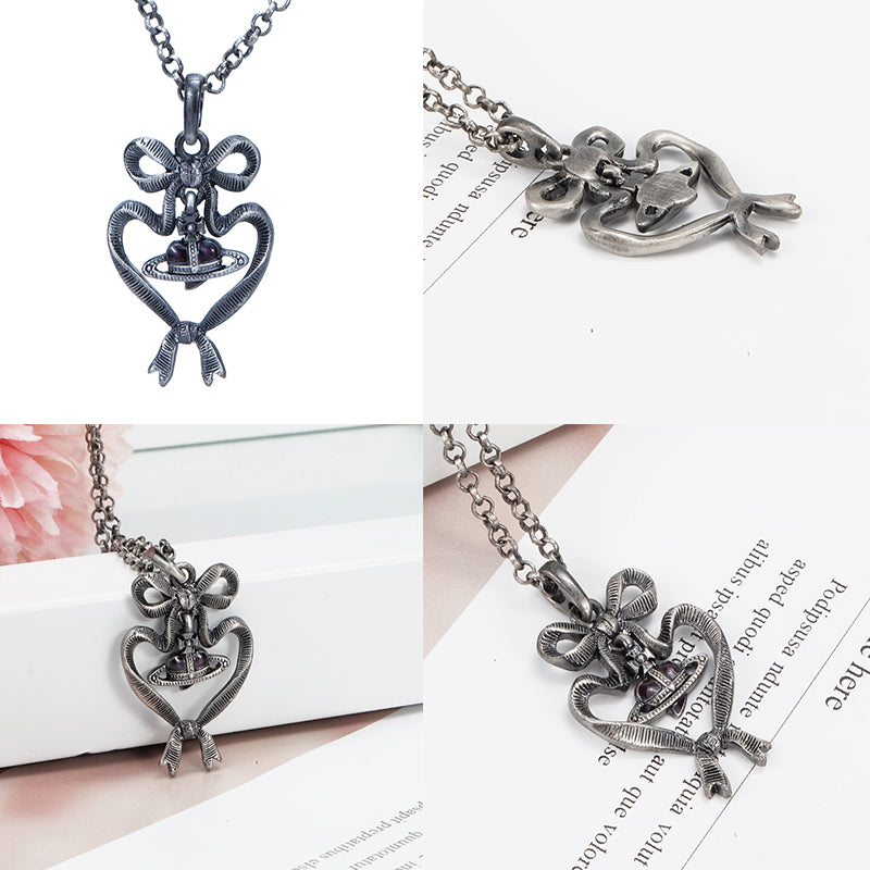 Double Ribbon Heart Gem Pendant Necklace (2 colors)