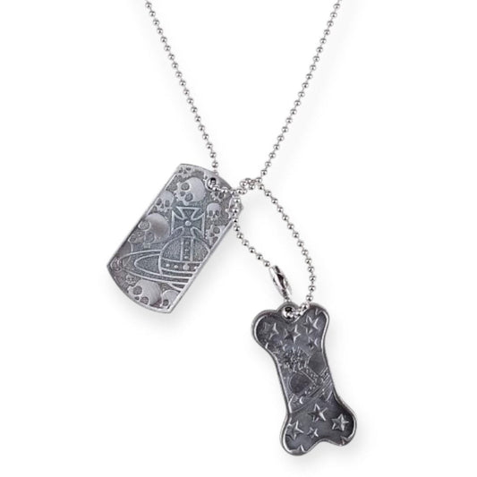 Dog Tag Bone Dark Silver Double Engraved Pendant Silver Necklace