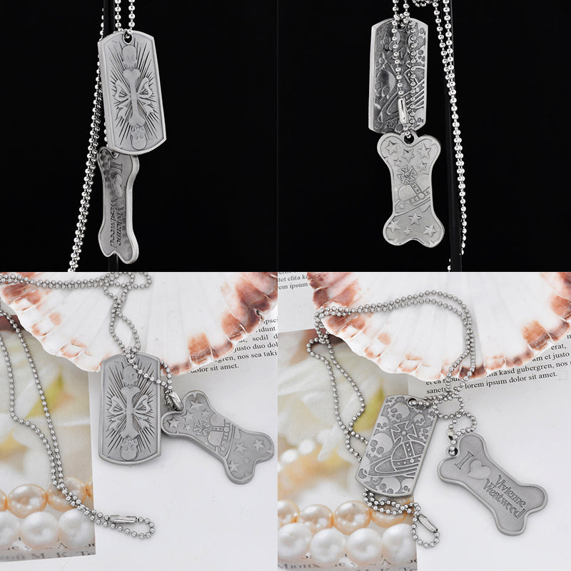 Dog Tag Bone Dark Silver Double Engraved Pendant Silver Necklace