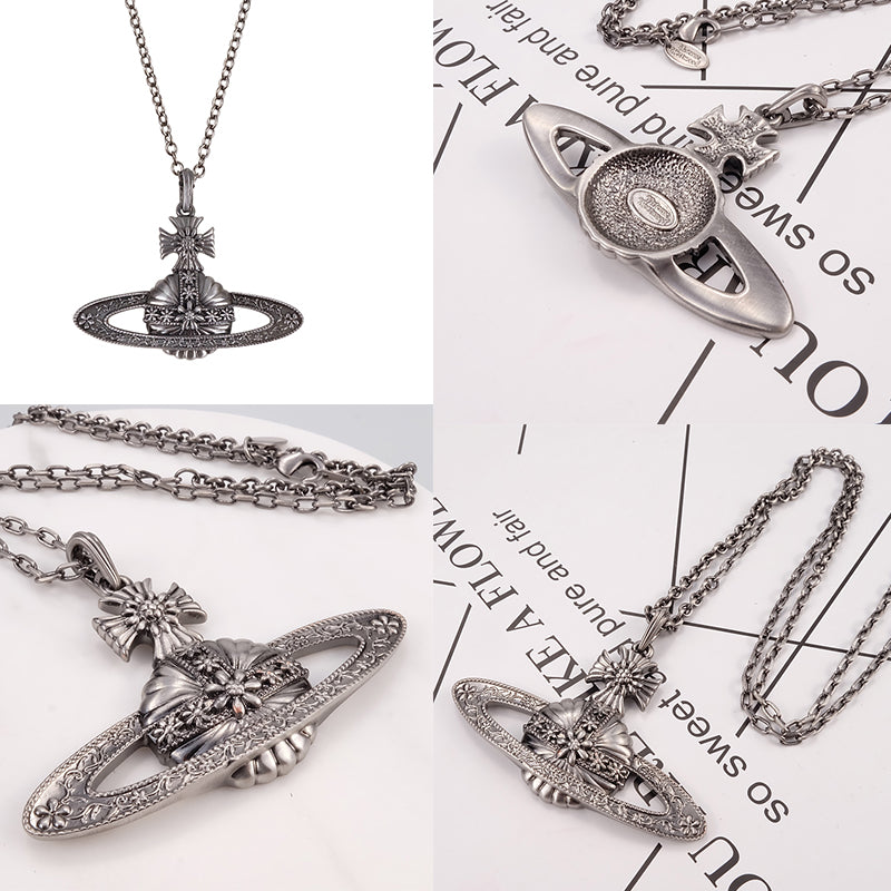 Dark Silver Flower Pattern Pendant Orb Silver Necklace