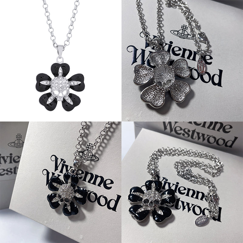 Flower Petals Skull Gem Pendant Necklace Gold & Silver (2 colors)