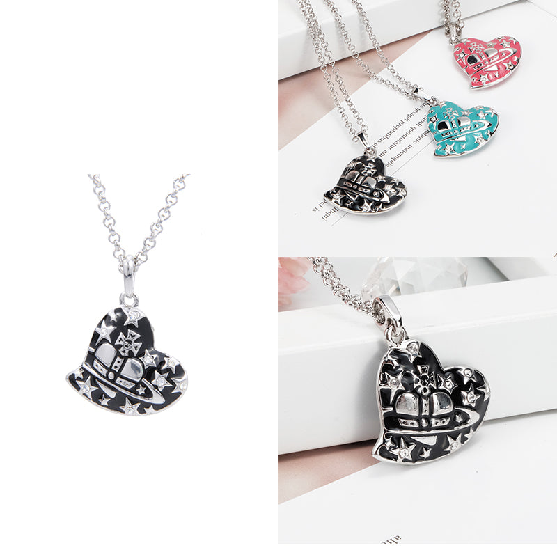 Heart Shape Asymmetrical Hanging Star Gem Studded Pendant Necklace (3 Colors)