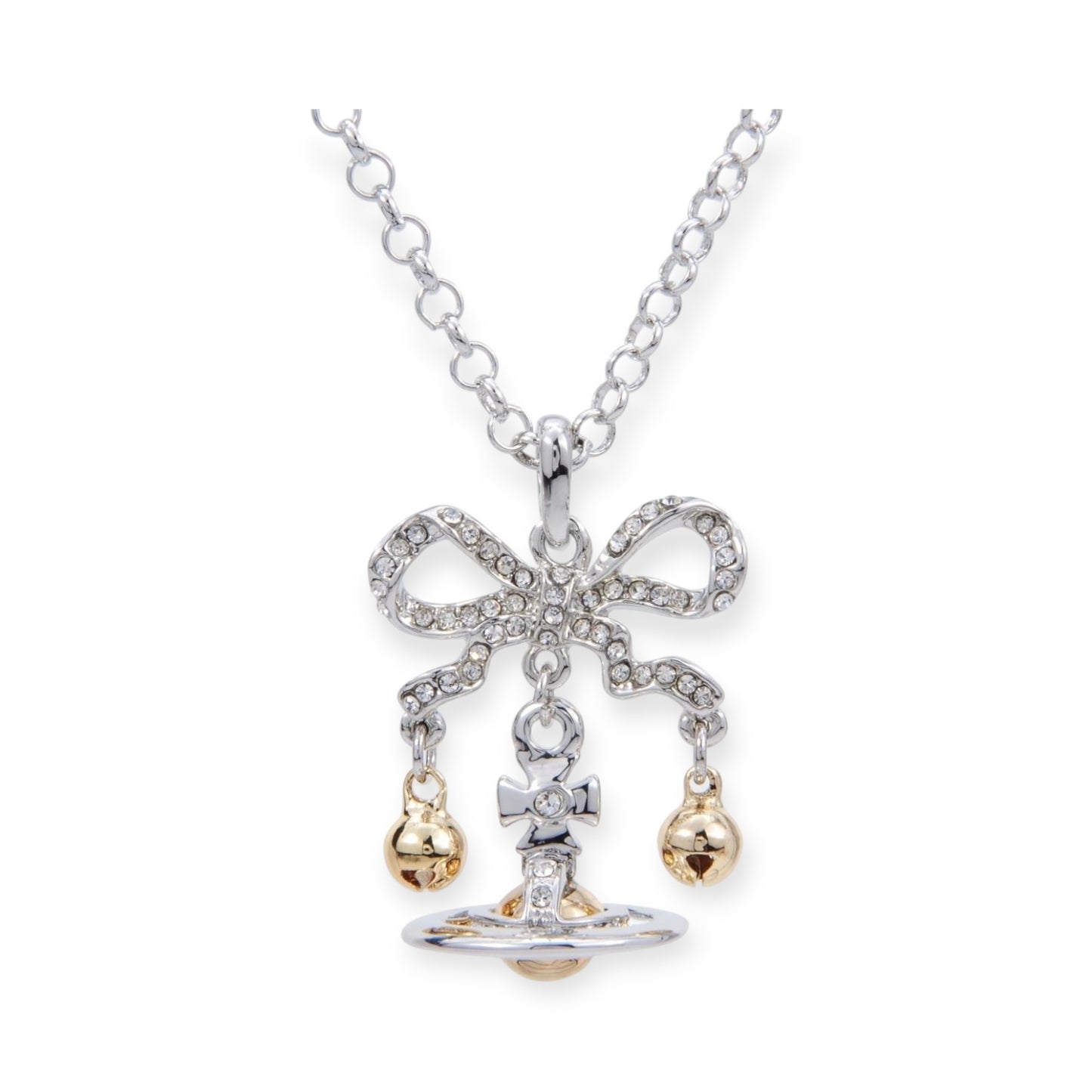 Tied Ribbon Bow Jingle Bells Gold Silver Orb Pendant Necklace