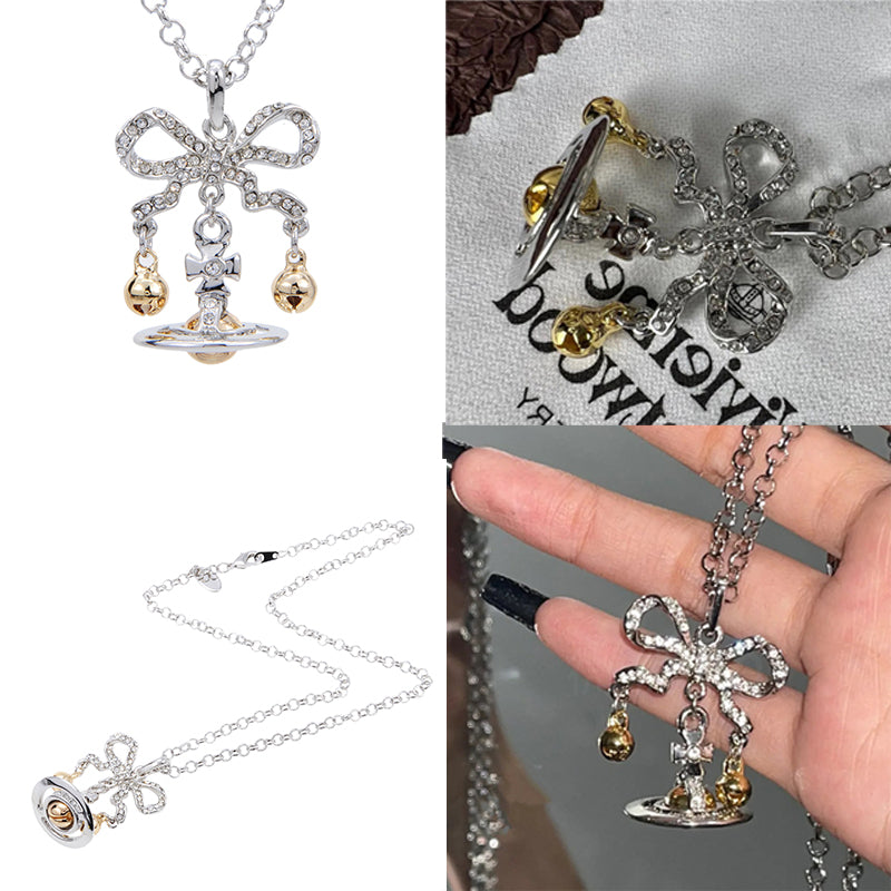 Tied Ribbon Bow Jingle Bells Gold Silver Orb Pendant Necklace