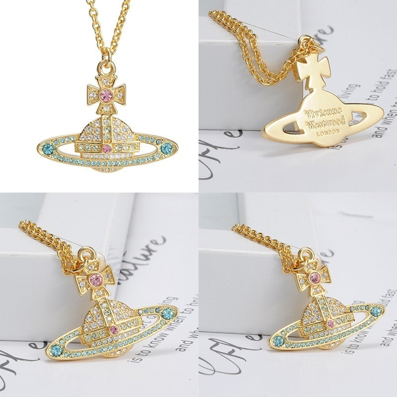 Gem Studded 2D Orb Pendant Necklace (5 Colors)