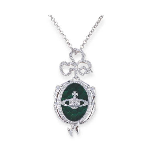 Dark Silver Emerald Green Orb Pendant Necklace