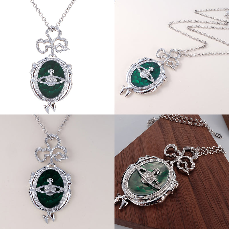 Dark Silver Emerald Green Orb Pendant Necklace