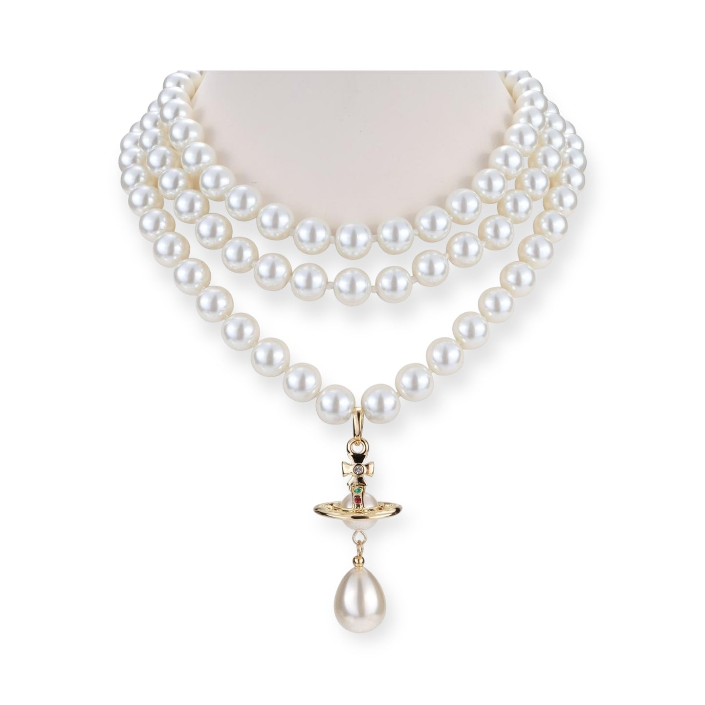 Triple Layer Beaded Pearl Orb Tear Drop Pendant Necklace Gold & Silver (2 colors)