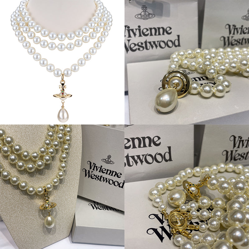 Triple Layer Beaded Pearl Orb Tear Drop Pendant Necklace Gold & Silver (2 colors)