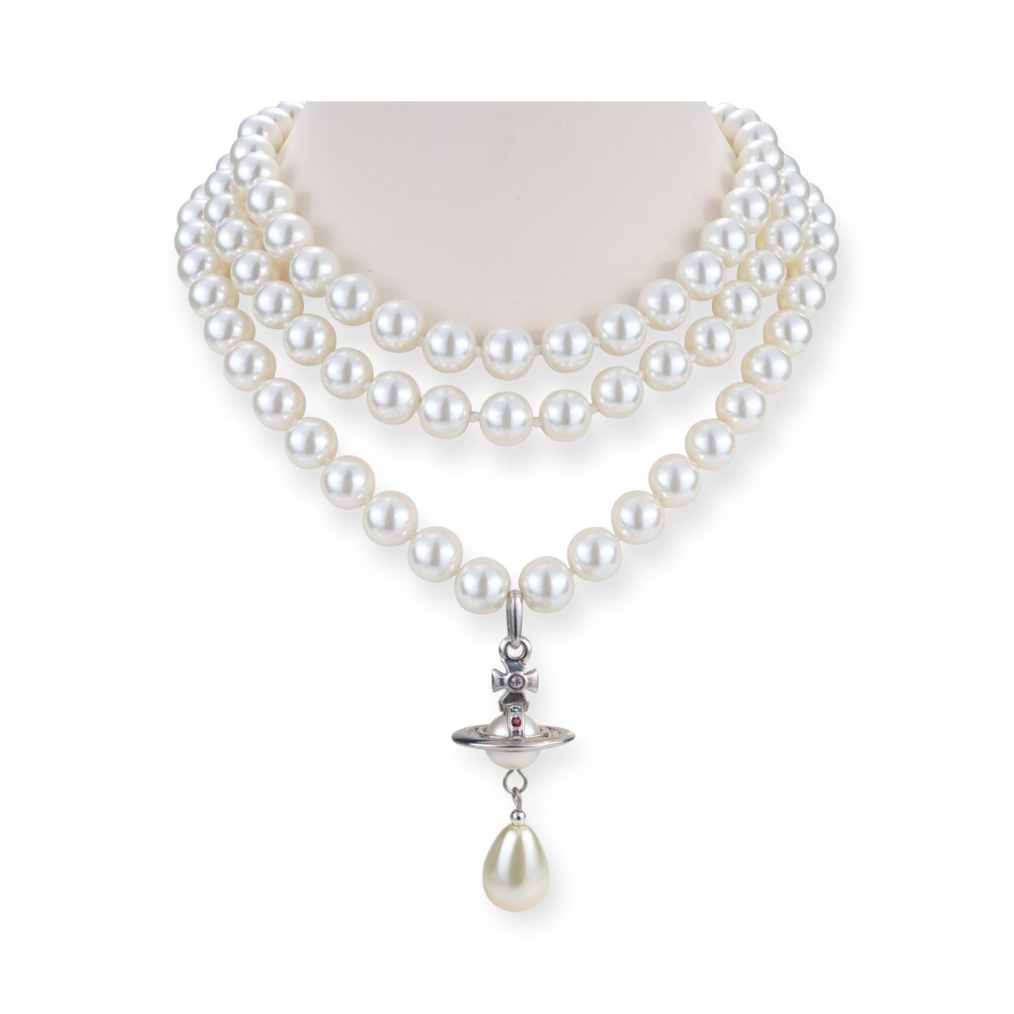 Triple Layer Beaded Pearl Orb Tear Drop Pendant Necklace Gold & Silver (2 colors)