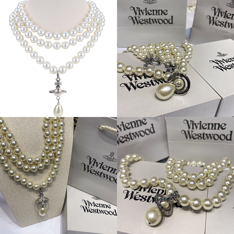 Triple Layer Beaded Pearl Orb Tear Drop Pendant Necklace Gold & Silver (2 colors)