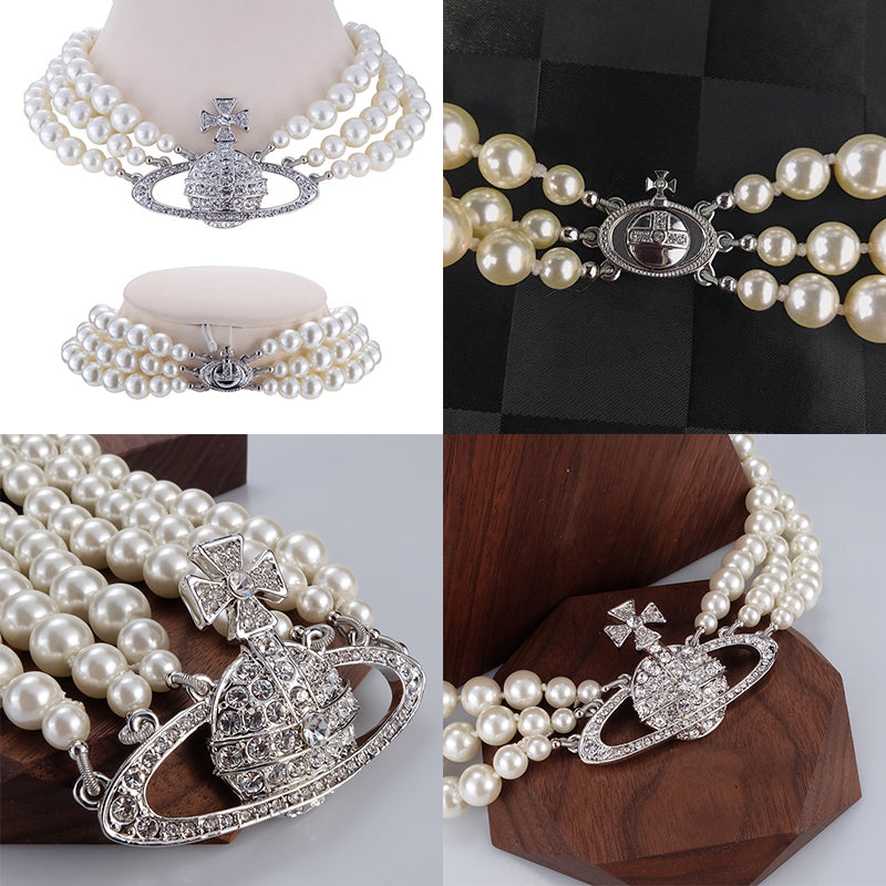 Triple Layer Beaded Orb Pendant Necklace Gold & Silver (2 colors)