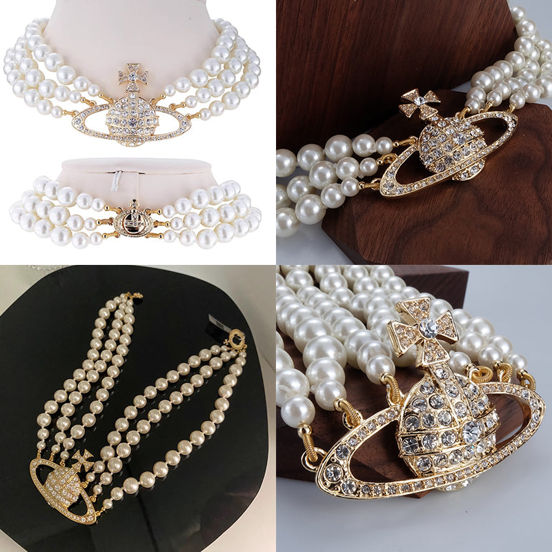 Triple Layer Beaded Orb Pendant Necklace Gold & Silver (2 colors)