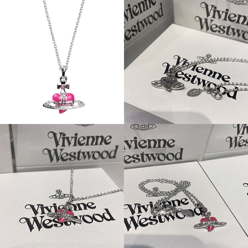 Mini Heart Shape Shaped Orb Design Pendant Silver Chain Necklace (5 Colors)