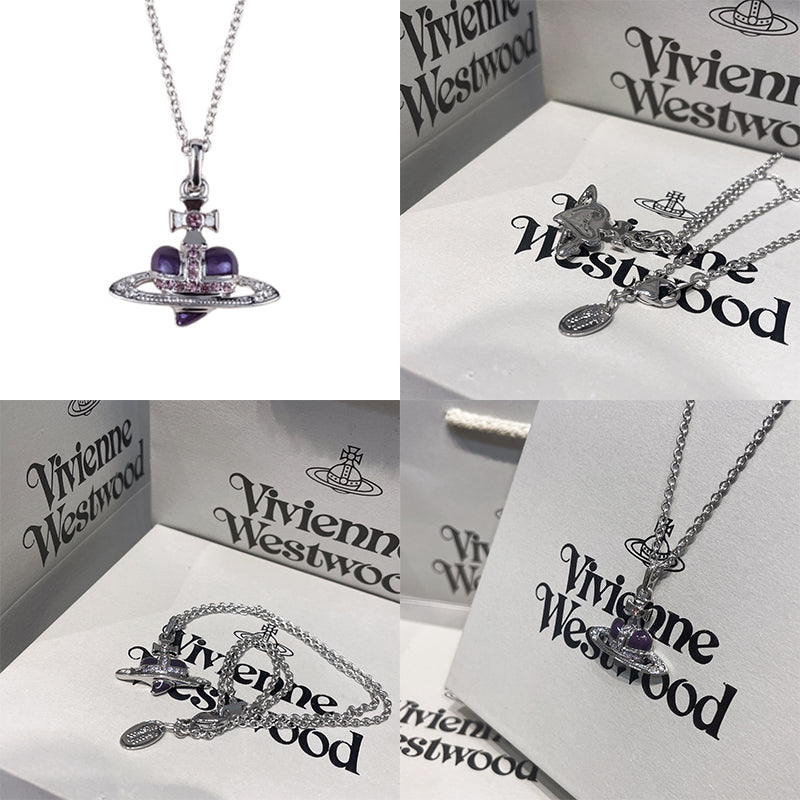 Mini Heart Shape Shaped Orb Design Pendant Silver Chain Necklace (5 Colors)