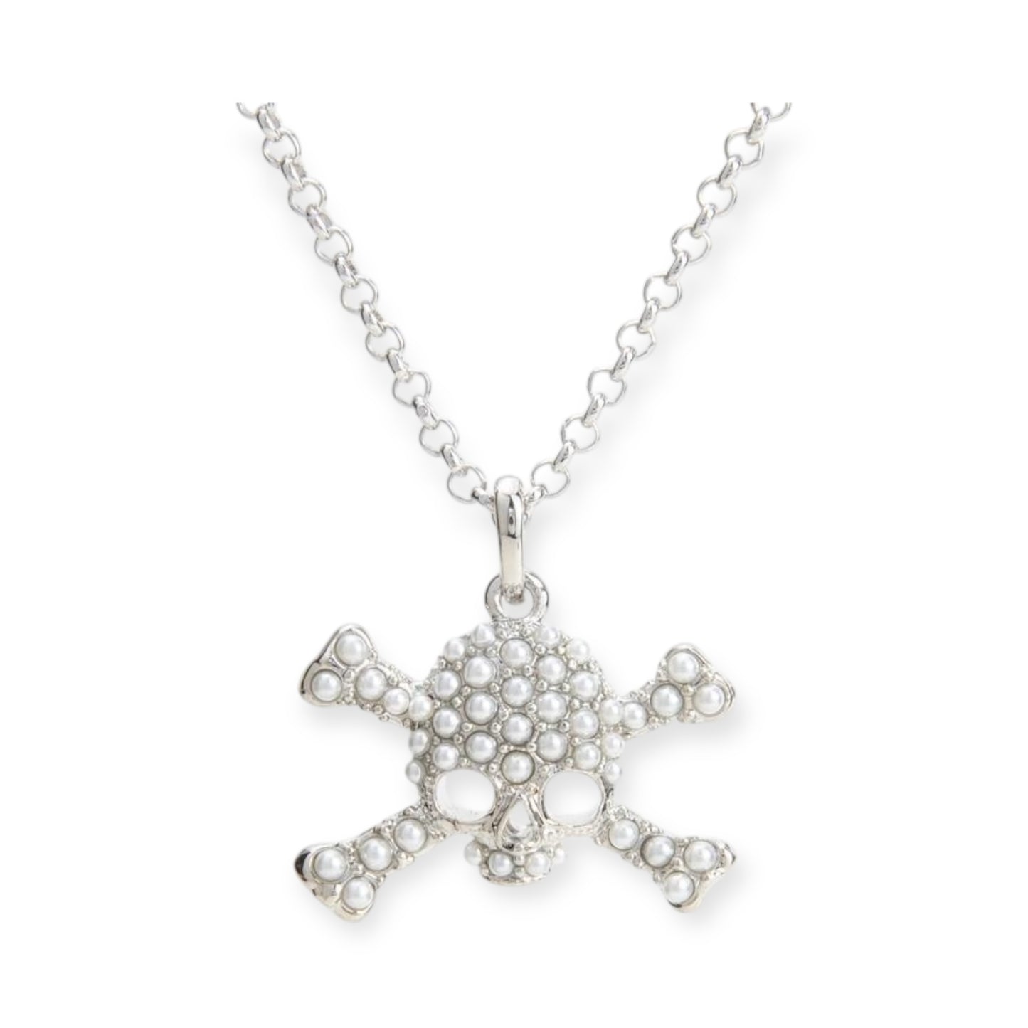 Skull & Crossbones Pearl Silver Pendant Necklace