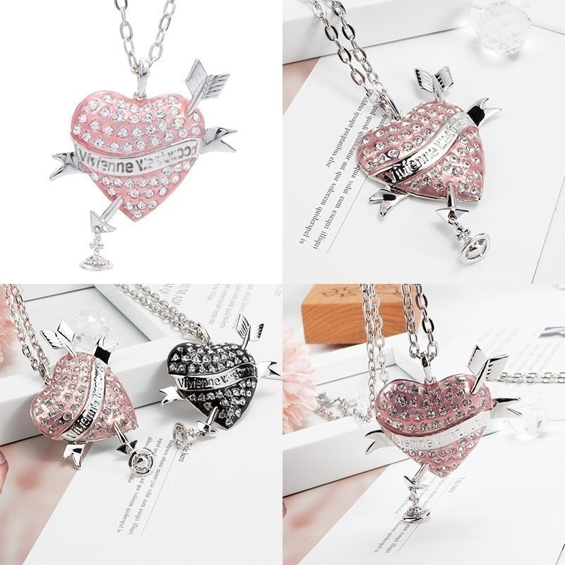 Heart Arrow Gem Studded Pendant Necklace Pink & Black (2 Colors)