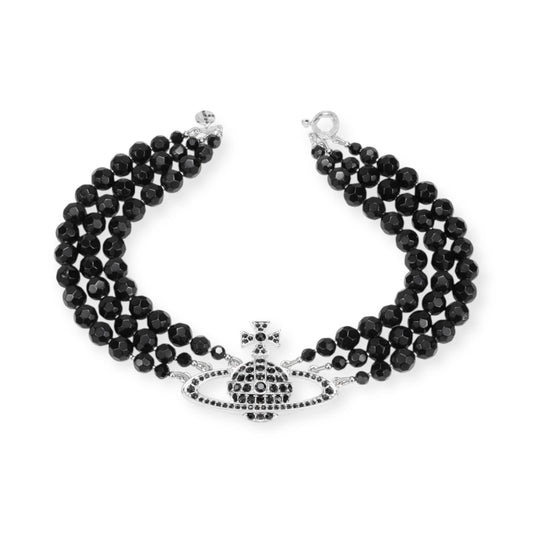 Triple Layer Black Beaded Crystal Pearl Orb Pendant Choker Necklace