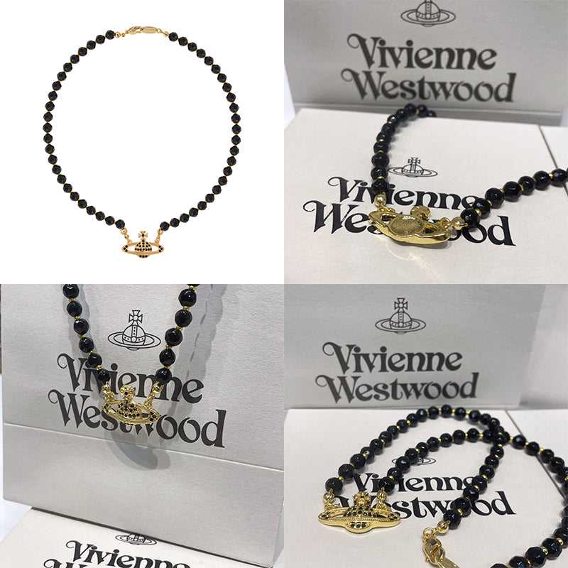 Black Beaded Crystal Pearl Orb Pendant Necklace Gold & Silver (2 Colors)