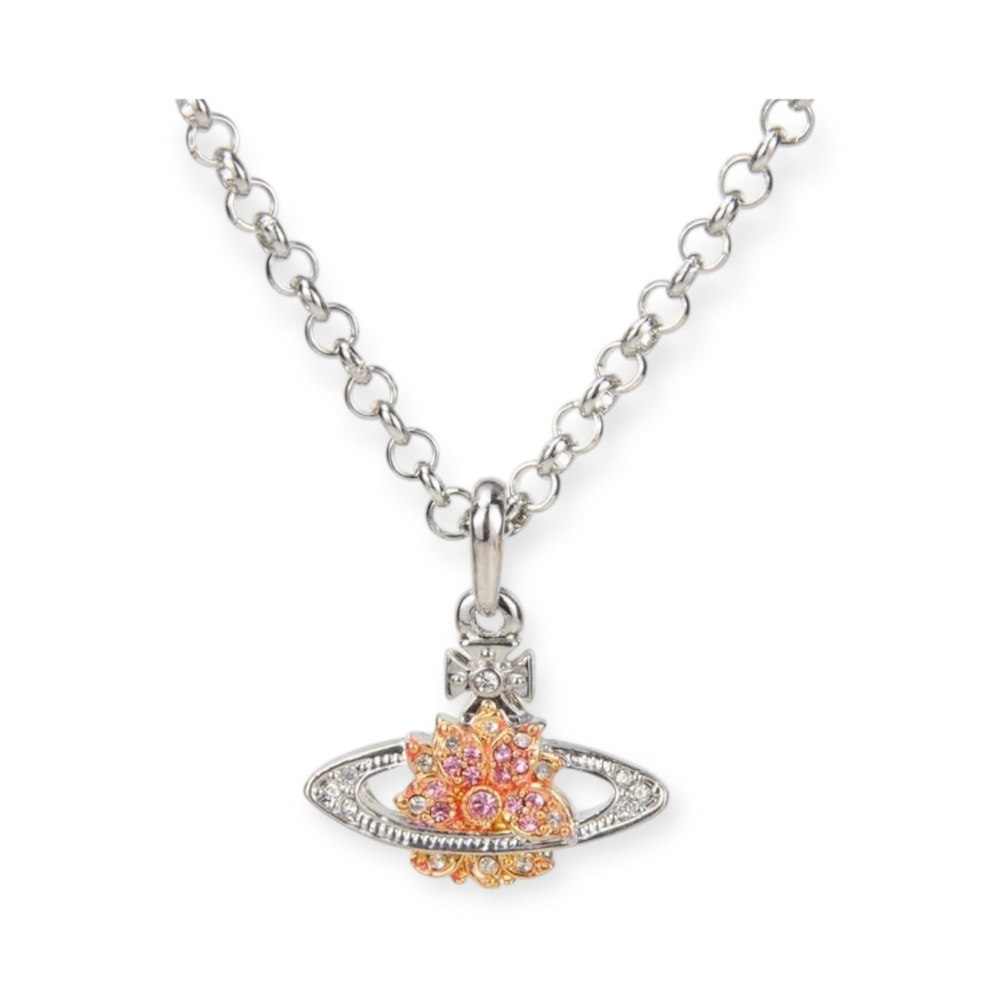 Lotus Flower Design Crystal Pendant Necklace Orange & Silver (2 Colors)