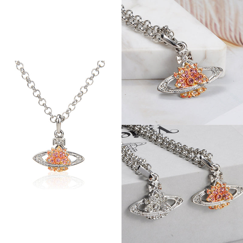 Lotus Flower Design Crystal Pendant Necklace Orange & Silver (2 Colors)