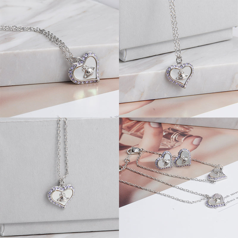 Heart Shaped Shape Plate Design Colorful Pendant Gem Studded Necklace (4 Colors)