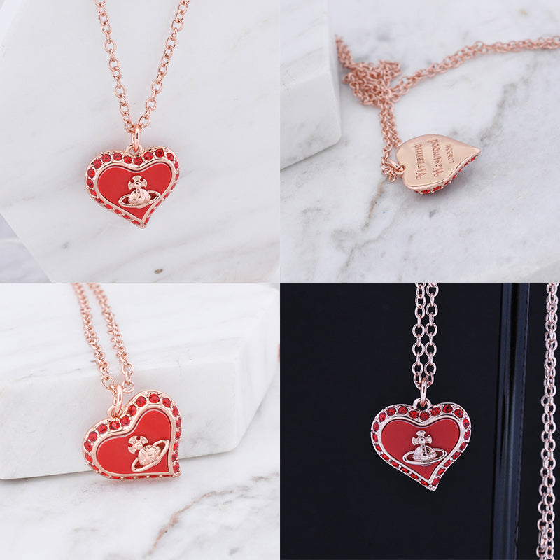 Heart Shaped Shape Plate Design Colorful Pendant Gem Studded Necklace (4 Colors)