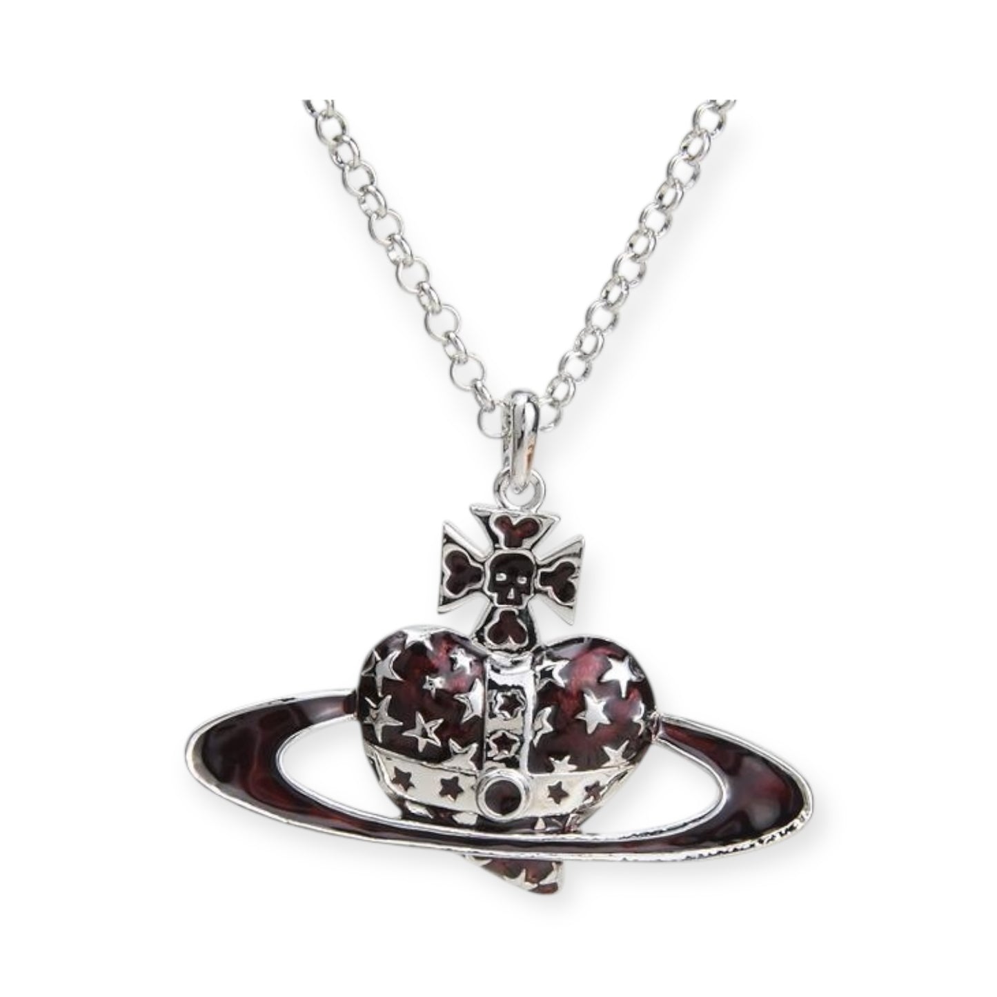 Heart Shaped Skull Star Studded Burgundy Pendant Necklace