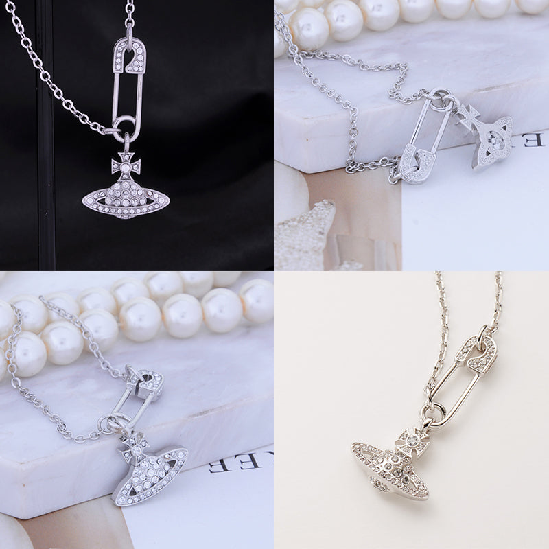 Safety Pin Asymmetrical Gem Studded Orb Pendant Necklace (4 Colors)