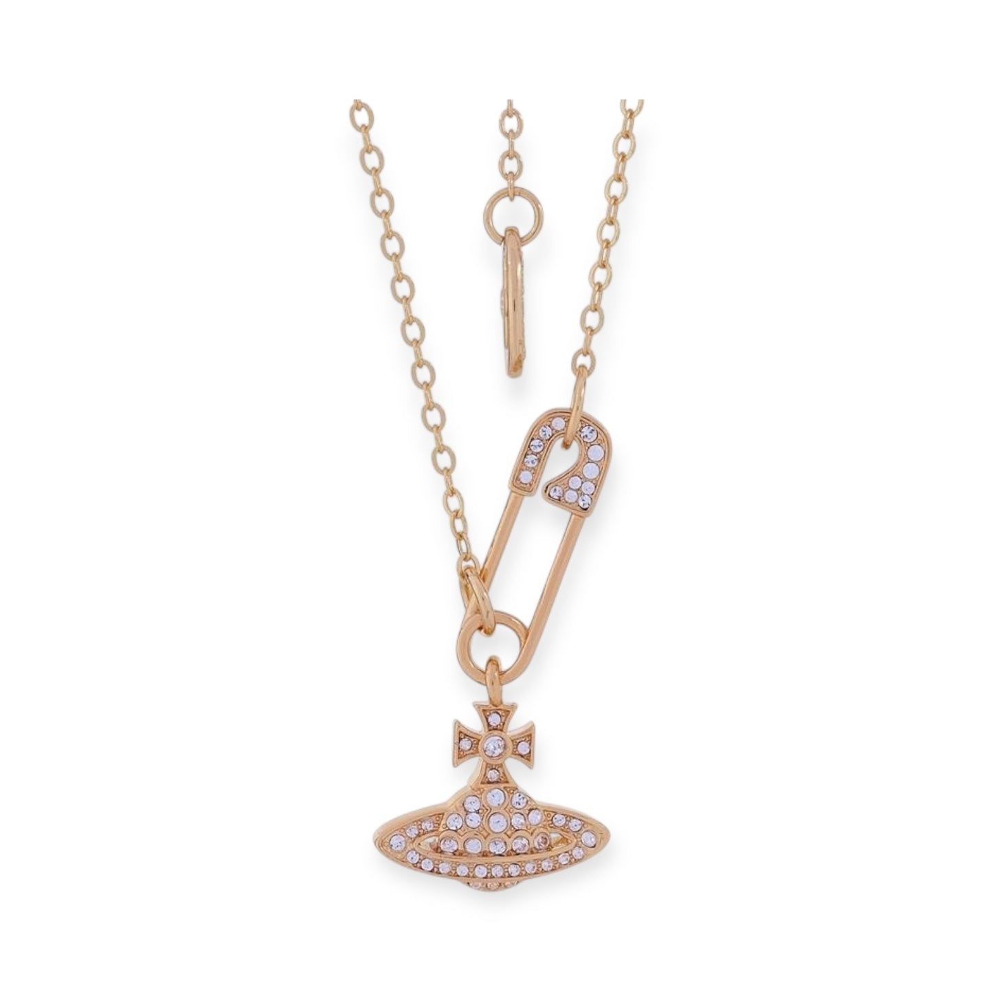 Safety Pin Asymmetrical Gem Studded Orb Pendant Necklace (4 Colors)