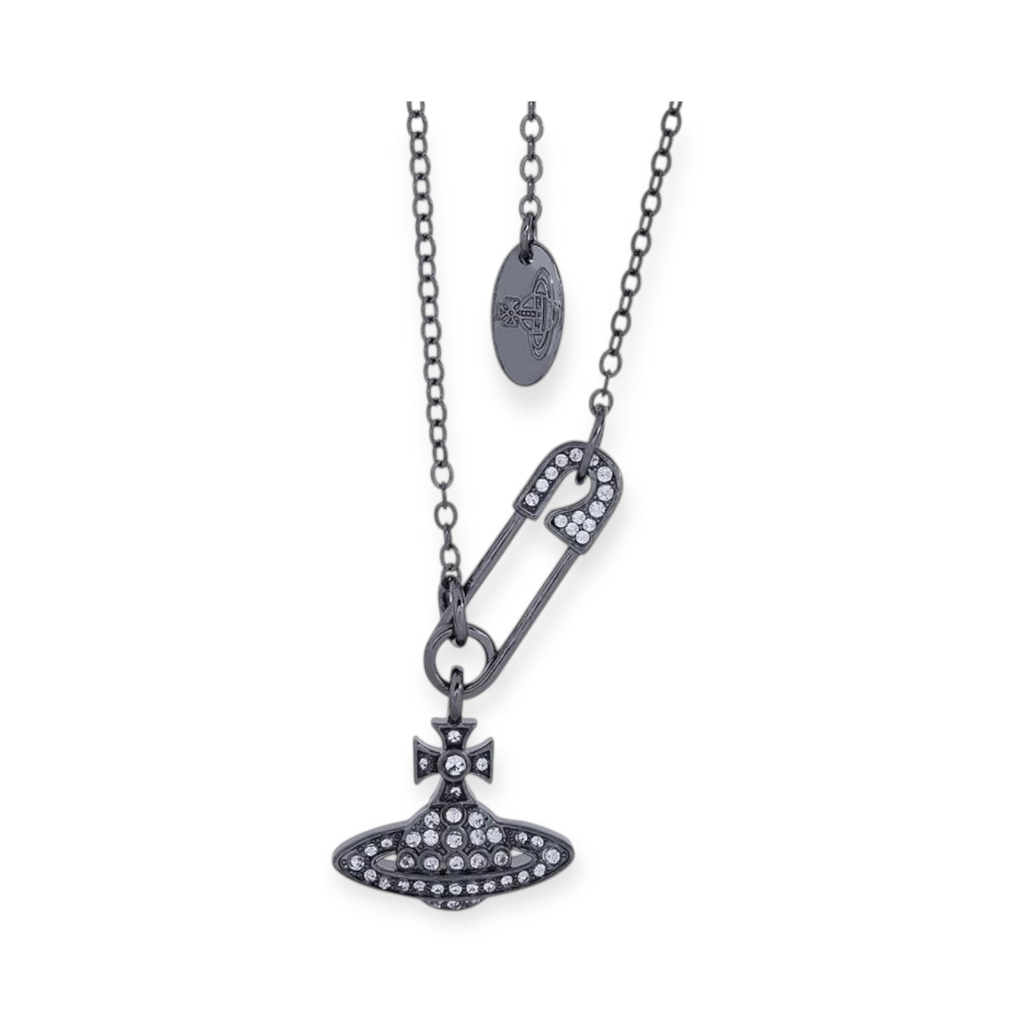 Safety Pin Asymmetrical Gem Studded Orb Pendant Necklace (4 Colors)